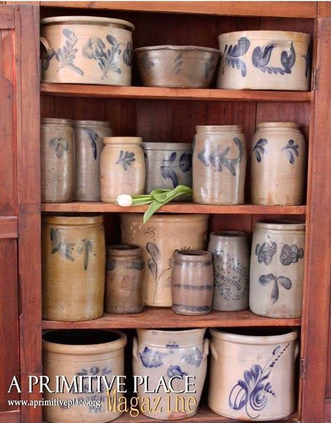 Crock Decor, A Primitive Place Magazine, Primitive Kitchens, Primitive Decorations, Antique Stoneware Crocks, Primitive Cupboards, Antique Crocks, Country Crock, Old Crocks