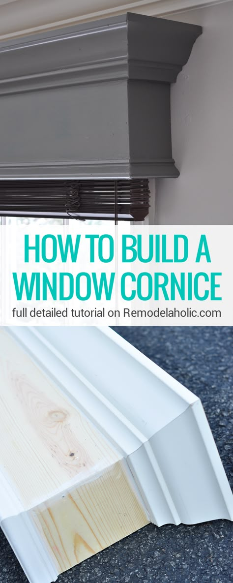 DIY Wood Window Cornice | Build an easy window valance box using a couple of boards and some trim and crown molding. A window cornice hides curtain rods, drapery hardware, and roman shade or blind mechanisms while looking upscale around your windows! #easyDIYprojects #beginningbuilder #diywindowtreatments #remodelaholic Window Cornice Diy, Sliding Glass Door Window Treatments, Cornice Box, Wood Cornice, Window Cornice, Sliding Glass Door Window, Cornice Board, Window Cornices, Easy Home Improvement Projects