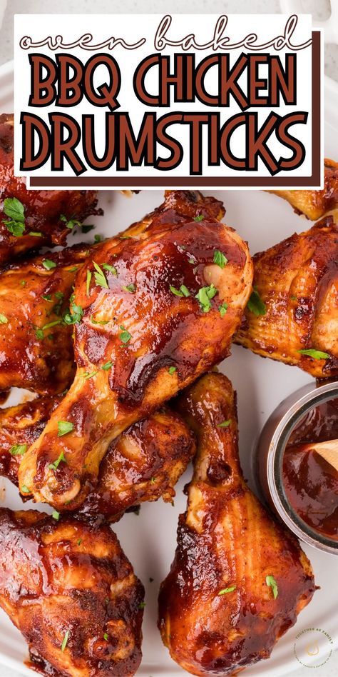 You're going to love these BBQ Chicken Drumsticks - crispy on the outside, and moist, tender, and juicy on the inside. Made with a spice rub, olive oil and your favorite sweet & tangy barbecue sauce - this barbecue chicken dish practically makes itself while roasting in the oven to tender and crispy perfection. Best Baked Bbq Chicken Legs Recipe, Oven Barbecue Chicken Legs Recipe, Baked Barbecue Chicken Legs In The Oven, Sticky Chicken Drumsticks Baked, Barbeque Drumsticks Oven, Bbq Drumsticks In Oven Easy, Drumettes In The Oven, Bbq Chicken Legs In The Oven Easy, Barbecue Drumsticks In Oven