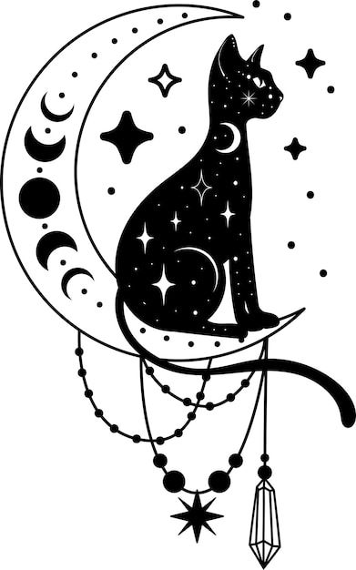 Cat Playing With Moon Tattoo, Atomic Cat Tattoo, Cat And Butterfly Tattoo, Cat Silhouette Tattoos, Witchy Pattern, Tramp Stamps, Pixie Tattoo, Witchy Svg, Mystical Cat