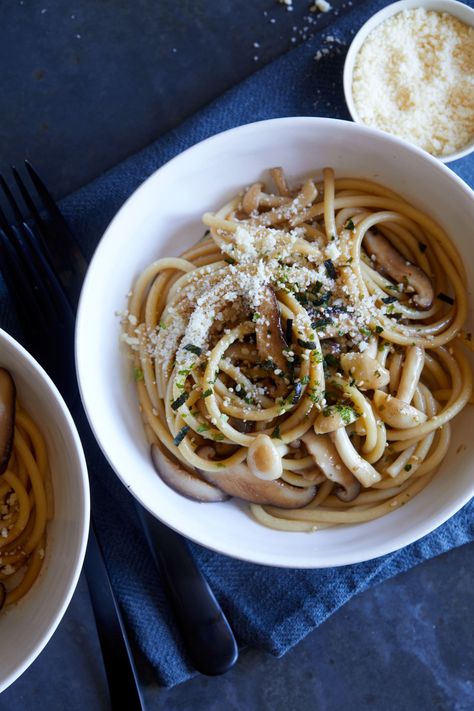 Wild Mushroom Wafu Pasta with a Soy Butter Sauce Wafu Pasta, Mushroom Bow Tie Pasta, Soy Butter Mushroom Pasta, Creamy Truffle Mushroom Pasta, Pasta Images, Pasta With Wild Mushrooms, Heart Pasta, Caramelized Wild Mushroom Pappardelle Pasta, Soy Butter