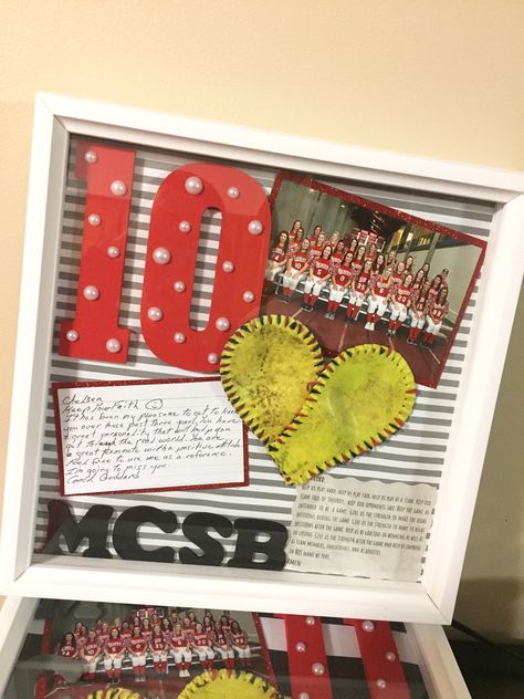 Senior night shadow box! Senior Night Shadow Box Ideas, Senior Day Gifts Softball, Senior Year Basket, Sports Shadow Box Ideas High Schools, Senior Shadow Box Ideas Sports, Soccer Senior Night Gifts Diy, Senior Night For Softball, Softball Senior Night Gifts Diy Cute Ideas, Senior Baskets Gift Ideas Softball