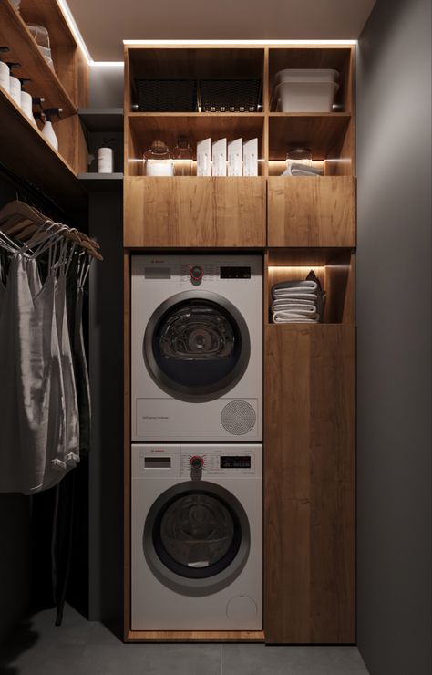 Wardrobe Washing Machine, Walk In Closet Washer And Dryer, Laundry Wardrobe Ideas, Contemporary Mountain Home, Utility Room Designs, Stackable Washer And Dryer, Walk In Closet Design, Open Wardrobe, Laundry Room Layouts