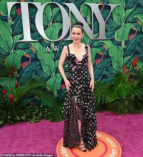 Rachel Brosnahan flaunts cleavage in a black polka-dot Versace gown at the Tony Awards in NYC | Daily Mail Online Jessica Hecht, David Lindsay, Kara Young, Alex Newell, Corey Hawkins, Victoria Clark, Joel Grey, James Earl Jones, Versace Gown