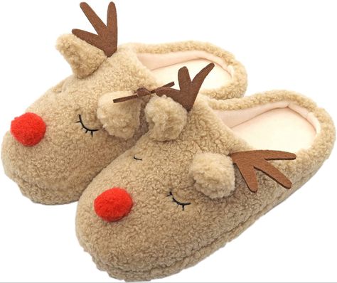 Gingerbread Christmas Slippers, Slippers For Christmas, Christmas Slippers Red, Reindeer Slippers, Fuzzy Reindeer Slippers, Christmas Slippers, Bedroom Slippers, Light Up Shoes, Christmas Gifts For Couples