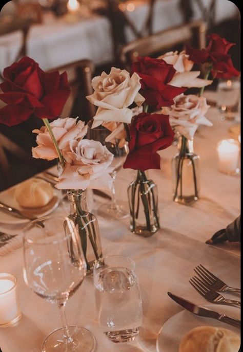 Guest Tables Wedding, Main Table Wedding, Red Roses Centerpieces, Dining Table Candles, Rose Centerpieces Wedding, Bud Vases Wedding, Burgundy Wedding Flowers, Burgundy And Blush Wedding, Tables Wedding