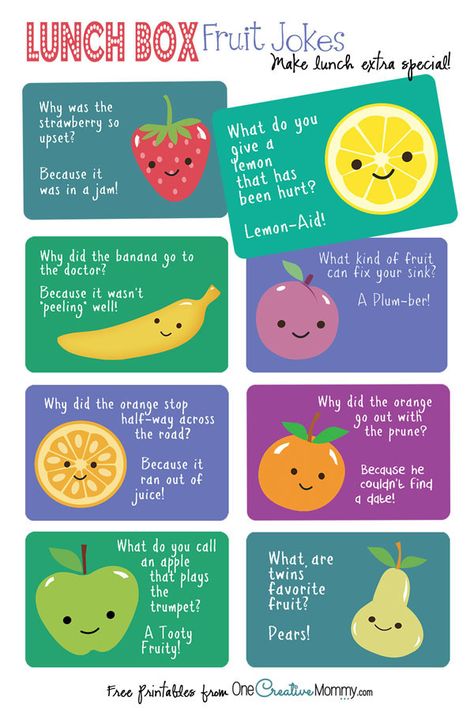 Lunch Box Jokes {Fruit Jokes} Free #Printables for #backtoschool! {OneCreativeMommy.com} Lunch Box Jokes For Kids, Classroom Jokes, Fruit Puns, Lunchbox Jokes, Lunchbox Notes, Lunch Notes, Funny Jokes For Kids, Lunchbox Ideas, School Jokes