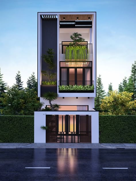 50 Narrow Lot Houses That Transform A Skinny Exterior Into Something Special Small House Design Architecture, Modern Elevation, Narrow House Designs, Home Designs Exterior, Narrow Lot House, Narrow Lot House Plans, Small House Elevation Design, Narrow House, Modern Exterior House Designs