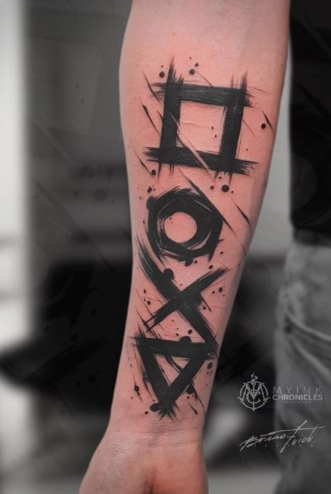 Play Station Tattoo Designs, Tattoo For Gamers, Playstation Buttons Tattoo, Gamer Tattoos Men, Playstation Tattoo Ideas, Ps4 Tattoo, Gaming Tattoo Ideas, Gamers Tattoo, Playstation Symbol