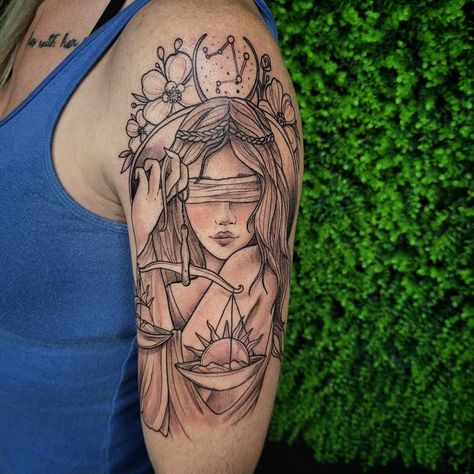 Libra Tattoo Women Face, Libra Themed Tattoos, Aphrodite Libra Tattoo, Lady Justice Libra Tattoo, Libra Shoulder Tattoo, Libra Half Sleeve Tattoos For Women, Libra Tattoo Sleeve Women, Libra Warrior Tattoo, Libra Inspired Tattoos Women