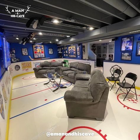 Hockey Family Room, Hockey Basement Ideas, Hockey Man Cave Ideas, Basement Hockey Rink Ideas, Hockey Basement Man Caves, Sports Basement Ideas, Man Cave Hockey Theme, Hockey Themed Basement, Basement Hockey Rink