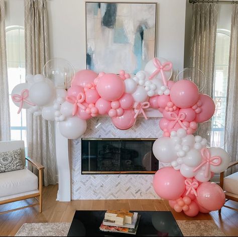 Pink Pearl Birthday Party, Bows First Birthday Party, All Pink Balloon Garland, Ballerina Balloon Garland, Coquette Balloon Arch, Bow Themed Graduation Party, Balloon Bow Garland, Love Shack Fancy Bachelorette, Love Shack Fancy Party Decor