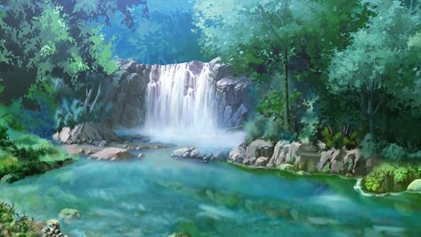 Anime Island, Waterfall Background, Waterfall Scenery, Anime Wolf Drawing, Anime Gifs, Anime Places, Episode Backgrounds, Forest Background, Scenery Background