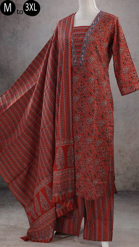 Jorjat Fabric Kurti Design, Ajrakh Kurta Designs, Kalamkari Kurtis, Ajrakh Print Kurti, Jaipuri Print, Suits For Women Indian, Cotton Dress Pattern, A Line Kurti, Pakistani Suit