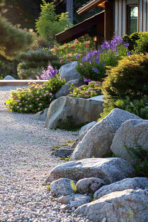 27 Unique Garden Edging Inspirations for a Distinctive Garden Granite Garden Ideas, Gravel Garden With Boulders, Stone Cottage Garden, Border Edge Ideas, Garden Perimeter Ideas, Semi Circle Garden Bed, Large Rocks In Garden, Flat Rocks For Landscaping, Mountain Garden Design