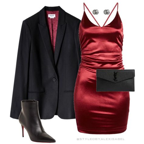 Red Clutch Outfit, Satin Dress Outfit Night, Dress With Blazer Outfit, Burgundy Dress Outfit, Dress And Blazer Outfit, Satin Dress Outfit, Capsule Wardrobe Shoes, Clutch Outfit, Black Sleeveless Bodysuit