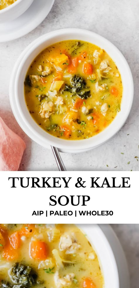 Soups are my favorite quick weeknight meal because they’re hard to mess up and involve very few dishes! In this Turkey & Kale Soup, ground turkey is paired with acorn squash, curly kale, carrots, celery and creamy coconut milk for a warming and delicious soup that is AIP, paleo, and Whole30 compliant. #aip #paleo #whole30 #turkeysoup #kale #fallrecipes #quickmeals #onepotmeals #soup #dairyfree #turkey #kalesoup Paleo Kale Soup, Fall Soup Recipes Paleo, Paleo Turkey Soup Recipes, Paleo Recipes With Ground Turkey, Ground Turkey Soup Keto, Ground Turkey Coconut Milk, Aip Fall Soups, Ground Turkey Squash Soup, Kale Ground Turkey Recipes