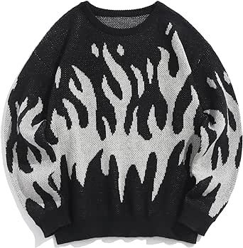 ZAFUL Mens Crewneck Oversized Sweaters Y2K Aesthetic Flame Graphic Knitted Sweater Casual Pullover Long Sleeve Jumpers Y2k Outfits Winter, Sweaters Y2k, Loose Knit Jumper, Knitted Sweater Men, Flame Graphic, Casual Pullover Sweater, Couples Sweaters, Pull Oversize, Mens Flannel Shirt