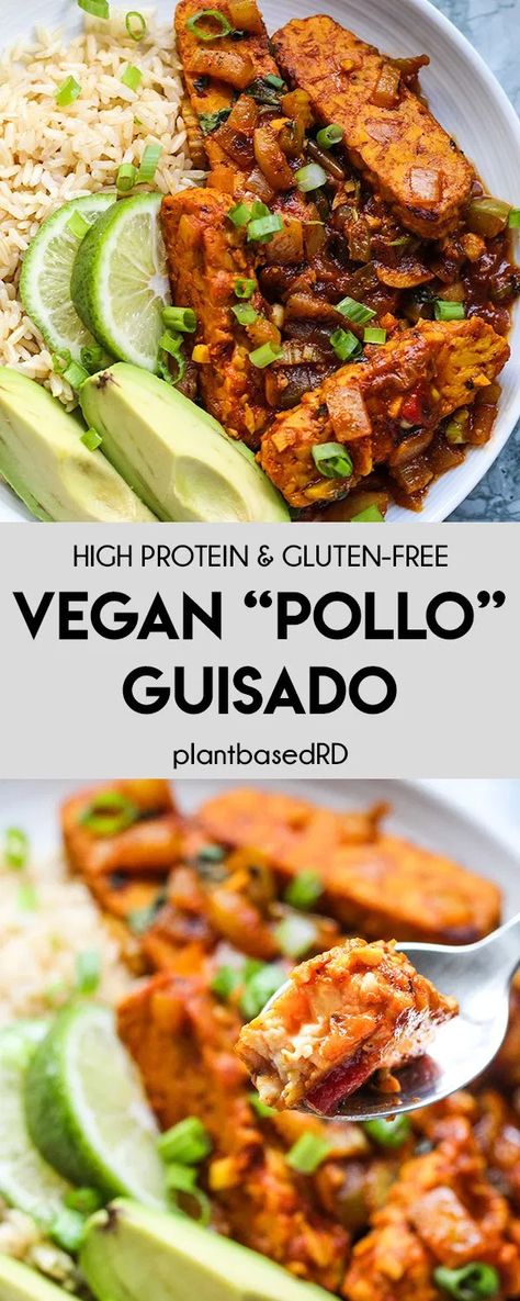 Vegan "Pollo" Guisado (gluten free & high protein) - Plant Based RD Vegan Pollo Guisado, Latin Vegan Recipes, Latino Thanksgiving Recipes, Vegan Latin Food, Vegan Latin Recipes, High Protein Plant Based, Gluten Free High Protein, Living Naturally, Stewed Chicken