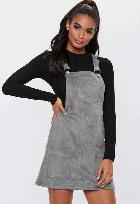 $42.00 - Grey Faux Suede Pinafore Dress - dark grey #pinafore #dress in a #faux #suede fabric. - regular fit - 95% polyester 5% elastane - approx length: 80cm/30" (based on a uk size 8 sample) - model wears a uk size 8 / eu size 36 / us size 4 and her height is 5'9" - product number: dd917480 - machine washable --> Check it out now #missguided #women #womensfashion #womenswear #womensclothing #fashion Pinafore Dress Outfit, Skater Dresses Casual, Embellished Party Dress, Satin Shirt Dress, Mini Cami Dress, Midi Ruffle Dress, Woman Suit Fashion, Printed Wrap Dresses, Black Long Sleeve Dress