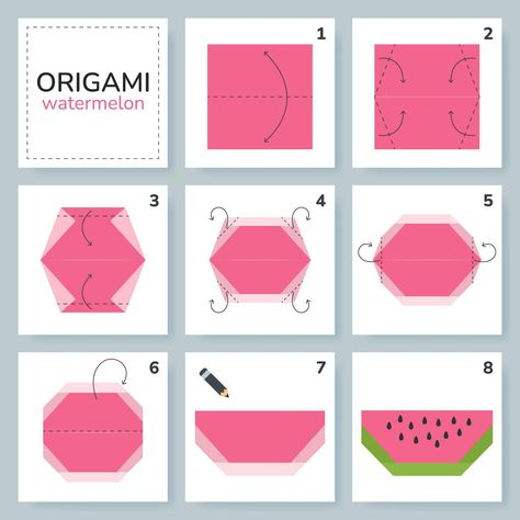 Watermelon origami scheme tutorial moving model. Origami for kids. Step by step how to make a cute origami fruit. Vector illustration. Origami For Kids, Cute Origami, Bday Gifts, Fruits For Kids, Fruit Vector, Origami Patterns, Bday Gift, Paper Folding, Summer Crafts