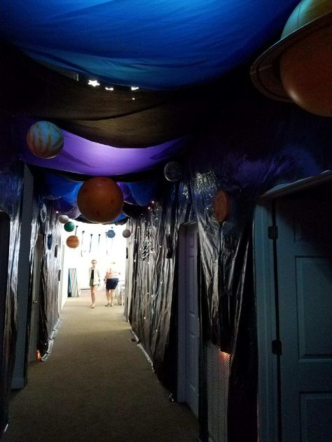 Hallway decorations for Galactic Starveyors VBS 2017 Birthday Hallway Decorations, Space Themed Hallway, Space Hallway, Space Hallway Decorations School, Galaxy Vbs Decorations, Halloween Hallway Decorations School, Outer Space Dance Theme, Outer Space Hallway Decorations, Space Theme Hallway