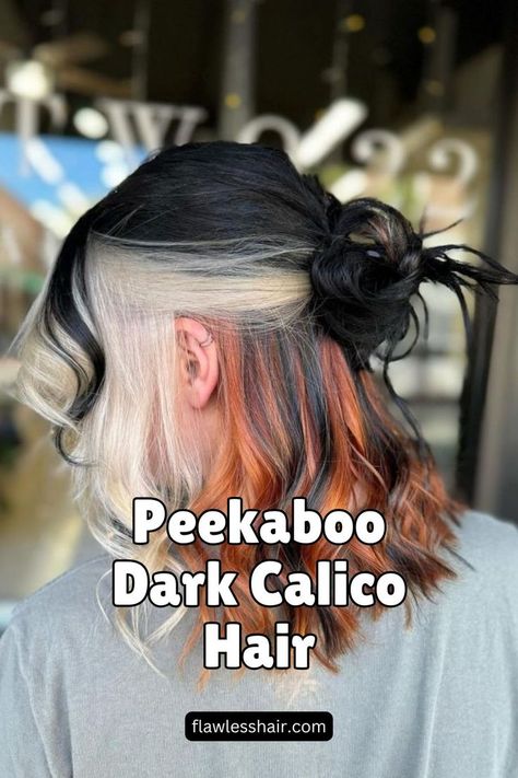 Peekaboo Dark Calico Hair Black Hair With Pops Of Color, Blond Under Black Hair, Calico Hair Peekaboo, Under Dyed Hair Blonde, Colorblock Hair Placement, Underhair Color Dyed Hair, Short Calico Hair, Half And Half Dyed Hair, Colored Tips Hair