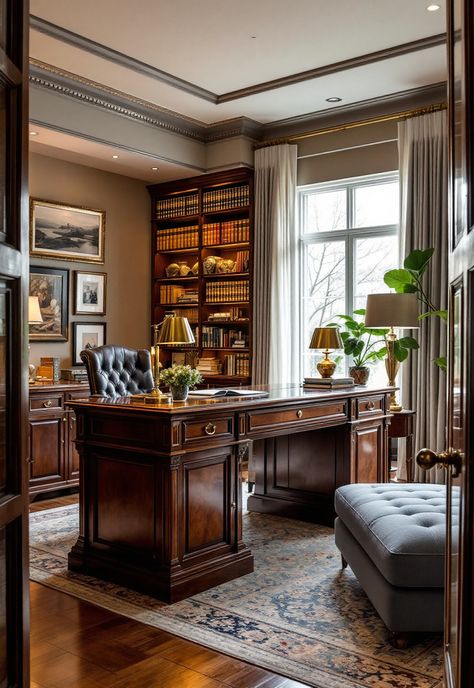 Old Money Living Room China Cabinet In Office, Modern Antique Office, Craftsman Style Home Office, Mahogany Office Decor, Traditional Home Office Decor, Traditional Home Office Design, Ralph Lauren Office Aesthetic, Old Money Office Decor, Old Money Office Aesthetic