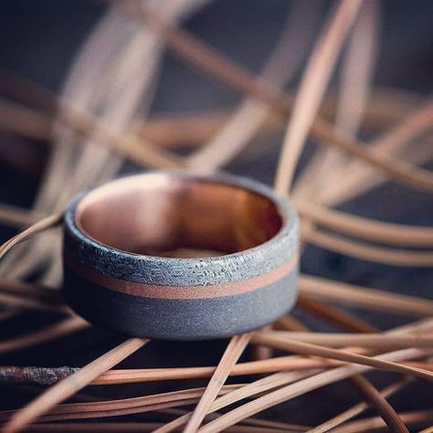 Rose gold is definitely an option for the guys, especially when paired with meteorite and sandblasted titanium! 💕  .  Ring by @jewelrybyjohan #weddingring #weddingband #propose #engaged #wonderfulwonderfulday Meteorite Wedding Ring, Meteorite Wedding Rings, Meteorite Jewelry, Flat Ring, Luxurious Aesthetic, Popular Engagement Rings, Meteorite Ring, Titanium Jewelry, Wedding Rings Rose Gold