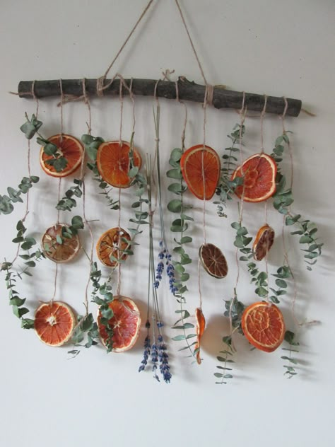 Dry Eucalyptus Decor, Crunchy Home Decor, Dried Fruit Crafts, Autumnal Home Decor, Diy Nature Room Decor, Christmas Branches Decor, Bead Hanging Decor, Dried Citrus Wedding Decor, Hanging From Ceiling Decor