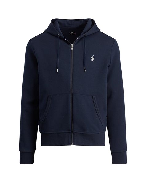 Ralph Lauren Mens Double-Knitted Full-Zip Hoodie Aviator Navy Whether you're off to the gym or running weekend errands, this classic Ralph Lauren zip hoodie is an easy toss-and-go layer thanks to its washed cotton-blend fleece. Made from sleek, double-knitted fabric, this soft hoodie is an easy match for joggers or jeans.  FEATURES   58% polyester, 42% cotton  Drawstring hood. Full-zip front with a signature zip pull.  Split kangaroo pocket.  Signature Ralph Lauren embroidered pony at the l Polo Ralph Lauren Hoodie, Polo Ralph Lauren Sweatshirt, Ralph Lauren Hoodie, Ralph Lauren Sweatshirt, Jogging Bottoms, Sweat Hoodie, Pull Sweat, Double Knit, Knit Hoodie