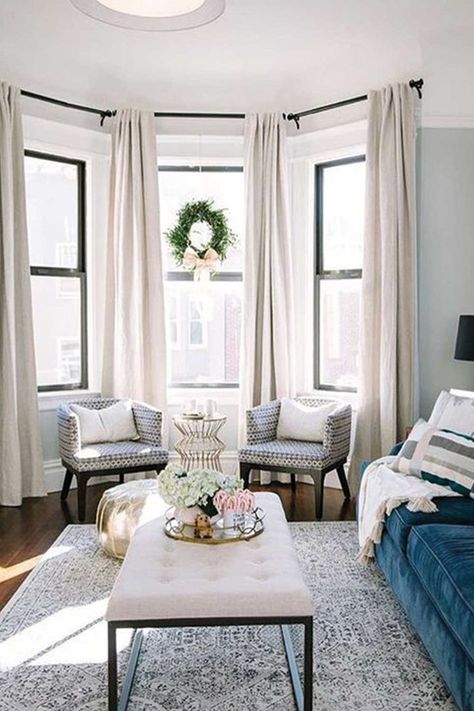 Bay Window Living Room, Minimalist Living Room Decor, Living Room Decor Ideas, Living Room Windows, Room Decor Ideas, Living Room Inspo, Minimalist Living, Formal Living Rooms, Front Room