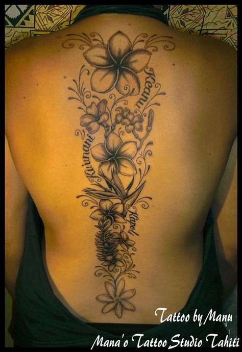 . I love the Plumeria!! It's beautiful. Girl Spine Tattoos, Plumeria Tattoo, Lower Arm Tattoos, Cute Thigh Tattoos, Small Back Tattoos, Small Forearm Tattoos, Bull Tattoos, Samoan Tattoo, Hawaiian Tattoo