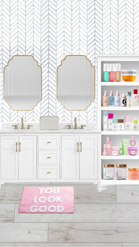 preppy bathroom design! 🏝️ #beauty #homedecor #inspo #preppy #preppyinspo #makeup #skincare #treehut #drunkelephant #soldejaneiro #glossier #glowrecipe #shuffflesbym #fyp #followforfollow #fypshuffle Preppy Bathroom, Preppy House, Shuffles Preppy, Velvet Wallpaper, Aesthetic Bathroom, Preppy Room Decor, Guest Bathrooms, Preppy Room, Room Renovation