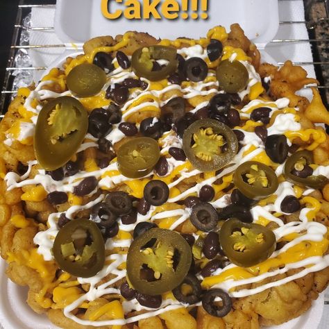 Our savory cornmeal funnel cake batter topped with nacho cheese, sour cream, black beans, olives, and jalapeños! Kick it up a notch by adding carne asada🔥!!! Funnel Cake Toppings Ideas, Funnel Cake Toppings, Funnel Cake Batter, Funnel Cake Recipe, Meals Dinner, Funnel Cakes, Recipe List, Carnival Food, Fair Food