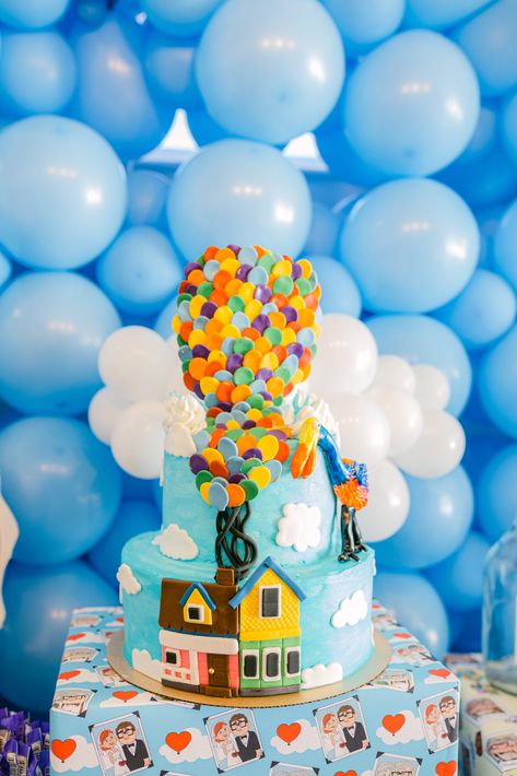 Up Inspired Birthday Party, Pixar Up Party, Up Themed Birthday Party Pixar, Up Birthday Party Theme Disney, Up First Birthday Party, Balloon Birthday Cake, Pixar Party, Up Birthday Party, Madison Montgomery