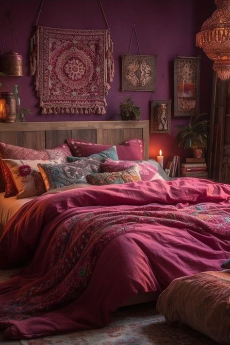 Magenta Room Bedrooms, Boho Bedroom Purple Walls, Magenta Bedroom Walls, Magenta Boho Bedroom, Magenta Room Ideas, Magenta Bedroom Ideas, Arab Bedroom, Whimsigothic Style, Bedroom Design Ideas For Women