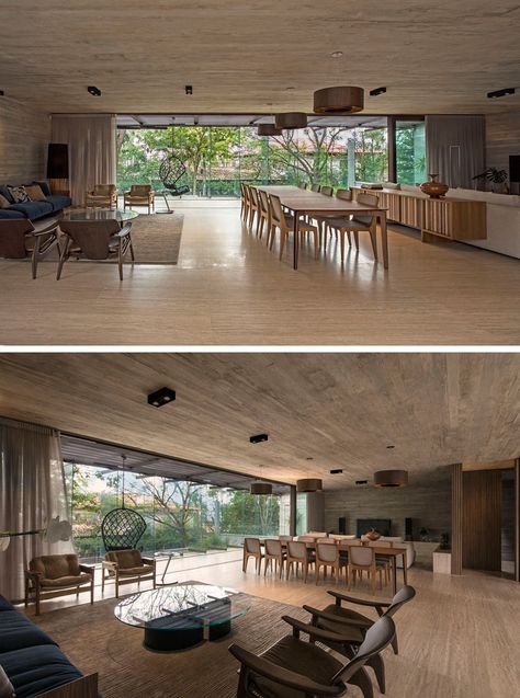 Modern Concrete House, Tiny Dining Rooms, Large Dining Room Table, Organic House, Amazing Houses, Modern House Interior, Concrete Houses, Comfortable Couch, Large Dining Table