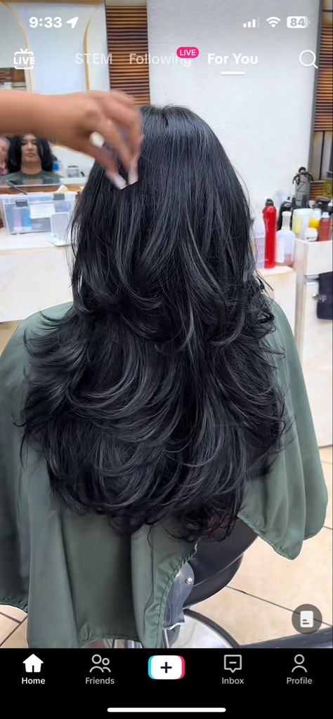 Jet Black Layered Hair, Layers Hair Long, 90s Long Layered Hair, Blowdry Blowout, Curly Blowout, Dominican Blowout, Silky Black Hair, Blowout Curls, Ball Hair