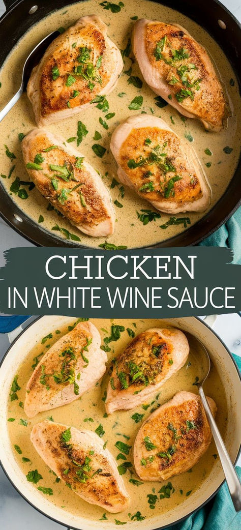 Chicken in White Wine Sauce – Indulge in this Creamy Chicken in White Wine Sauce, featuring succulent chicken cooked in a luscious, creamy sauce. Serve it over pasta or rice for a satisfying meal that feels like a restaurant experience at home. White Wine Reduction Sauce Chicken, Chicken And White Wine Recipes, White Wine Chicken Recipes, White Wine Chicken Pasta, Chicken With White Wine Sauce, Chicken In White Sauce, Chicken In White Wine Sauce, Lemon White Wine Sauce, Chicken In White Wine