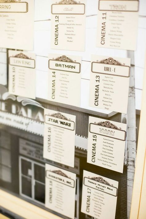 Movie themed wedding                                                                                                                                                                                 More Seating Plan Boda, Cinema Themed Wedding, Movie Themed Wedding, Cinema Theme, Wedding Table Menus, Wedding Table Themes, Geeky Wedding, Nerdy Wedding, Theatre Wedding