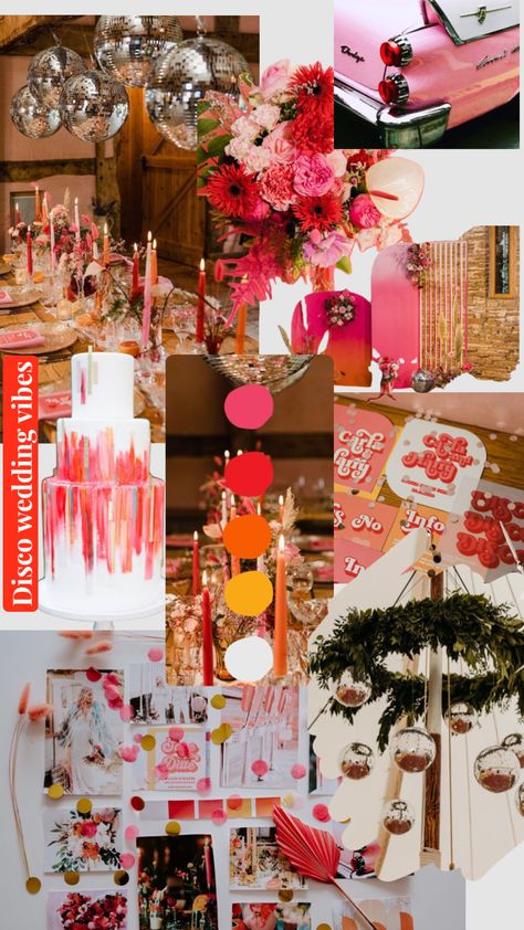 Disco wedding inspo 🪩 #discowedding #pinkandredaesthetic #colourfulwedding #retroweddingaesthetic 70s Wedding Color Palette, Disco Wedding Theme, Boho Disco Wedding, 70s California, Disco Vibes, Bright Wedding Colors, Disco Wedding, Cotswolds Wedding, Retro Wedding