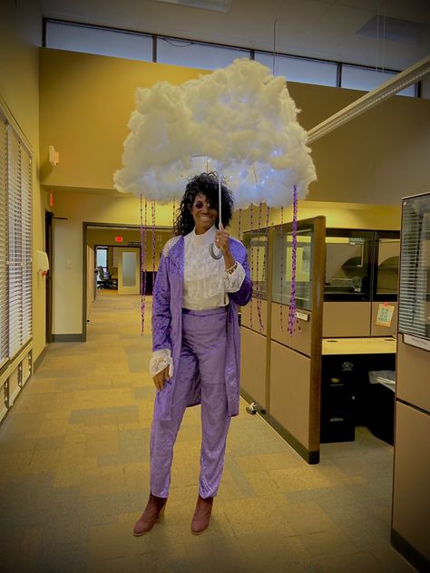 Genius Costume Ideas, Purple Rain Halloween Costume, Interesting Costume Ideas, Clever Last Minute Halloween Costumes, Milk Man And House Wife Costume, Purple Halloween Costume Ideas, Funny Original Halloween Costumes, Flying Purple People Eater Costume, Funny Work Costumes