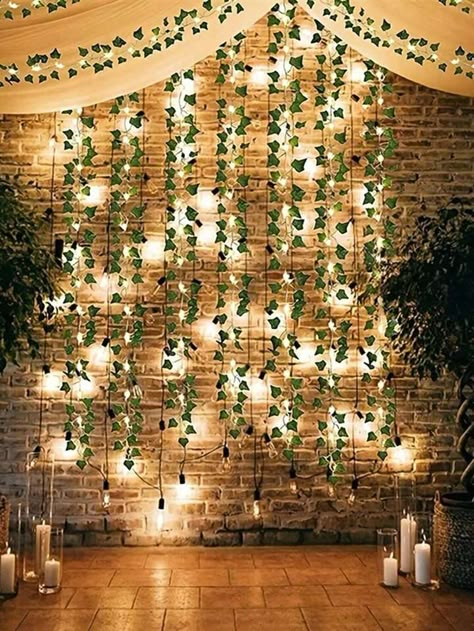 Twilight Themed Birthday, Hoco Themes, Indoor Ivy, Enchanted Forest Quince, Enchanted Garden Theme, Forest Quince, Fairy Garden Wedding, Enchanted Forest Prom, Green String Lights