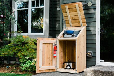 DIY Outdoor Cook Station Coffee Machine Storage, The Buttress, Cooking Station, Brick Ovens, Best Circular Saw, Outdoor Cooking Area, Bathroom Showers, Self Sustaining, Strap Hinges