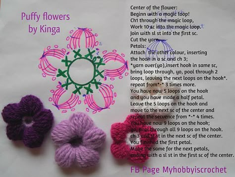 Ravelry:  Puffy Flowers by Kinga- Free written pattern and CHART Crochet Baby Sandals Pattern, Puff Stitch Crochet, Puff Flower, Crochet Puff Flower, Crochet Stitches Guide, Crocheted Flowers, Crochet Washcloth, Crochet Plant, All Free Crochet