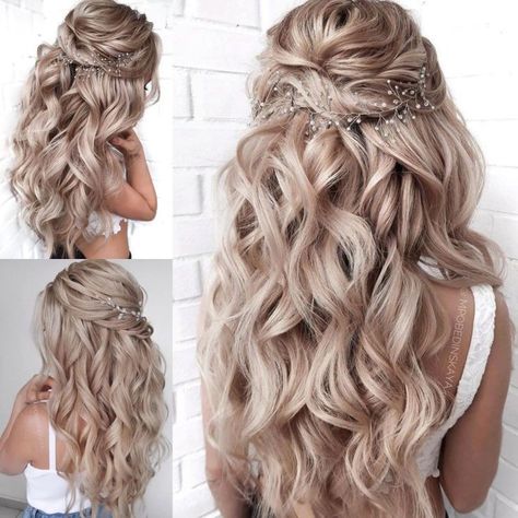 Wedding Hair Down For Long Hair, Bridal Hairstyle With Braids, Wedding Hair Color Ideas Brides, Bridal Hair Half Up Boho, Long Hairstyles Wedding Bridal, Viking Bridal Hairstyles, Bride Hairstyles Half Up Half Down Brunette, Bridesmaid Hairstyles To The Side, Bridesmaid Hair Styles For Long Hair