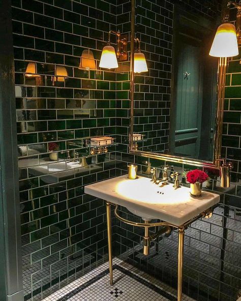 Mirror And Sconces, Waterproof Wall Panels, Green Tile Bathroom, Restaurant Bathroom, Bad Inspiration, London Bars, Green Tile, Green Bathroom, Bathroom Renos