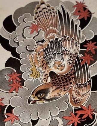 Japanese Birds Tattoo, Japanese Hawk Tattoo, Japanese Eagle Tattoo, Japanese Bird Tattoo, American Style Tattoo, Traditional Japanese Tattoo Flash, Hawk Tattoo, Japanese Bird, Ancient Japanese Art