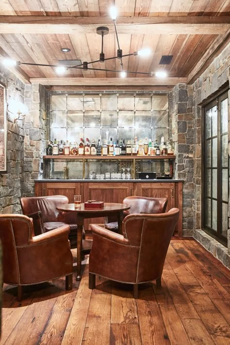 Stone Walls Give Neutral Cigar Bar Room Old World Appeal Table Bar Ideas, Whiskey Cellar, Bourbon Lounge, Speakeasy Basement, Whisky Room, Basement Speakeasy, Hunting Ranch, Bar Lounge Room, Cocktail Room